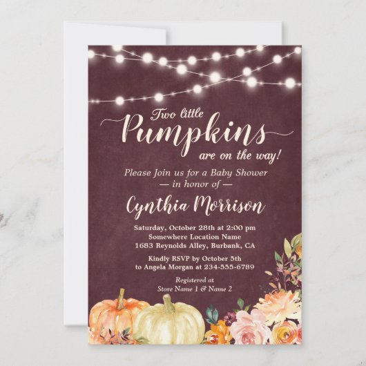 Pumpkin Twins Baby Showsaite Lights Floral Einladung (Vorderseite)