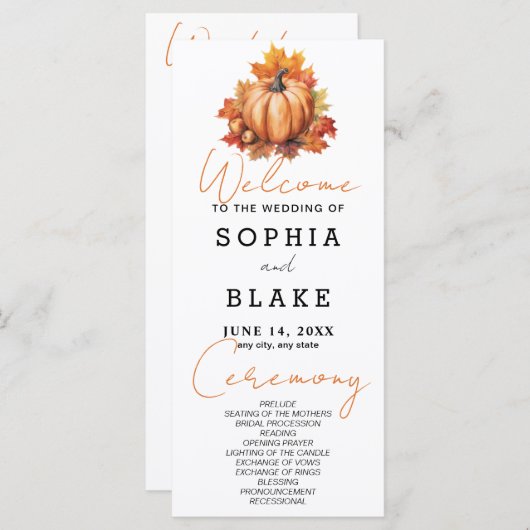 Pumpkin und Blätter Fall White Wedding Programm (Vorne/Hinten)