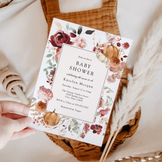 Pumpkin und Burgundy Floral Baby Shower Einladung