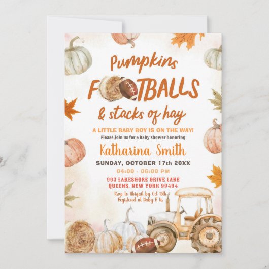 Pumpkin und Fußbälle Traktor Boy Baby Dusche Einladung (Vorderseite)