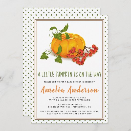 Pumpkin und grüner Polka Dotframe Babydusche Einladung (Vorne/Hinten)