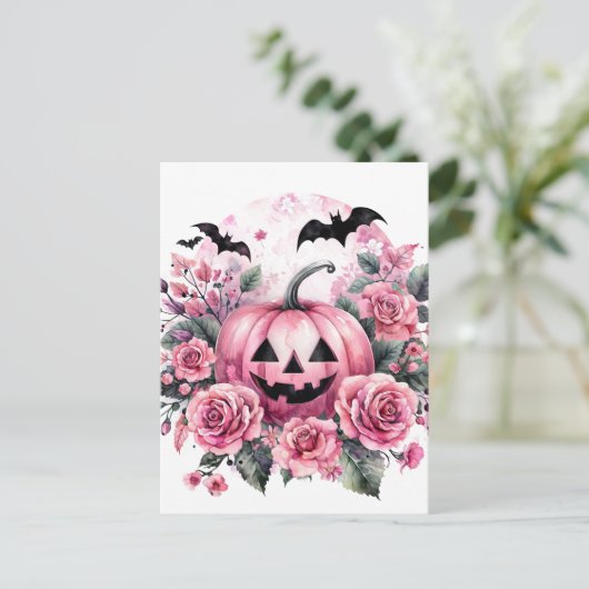 Pumpkin und Rose mit Fledermäusen Pinkoween Postkarte (Stehend Vorderseite)