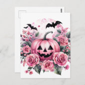 Pumpkin und Rose mit Fledermäusen Pinkoween Postkarte (Vorne/Hinten)