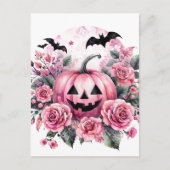 Pumpkin und Rose mit Fledermäusen Pinkoween Postkarte (Vorderseite)