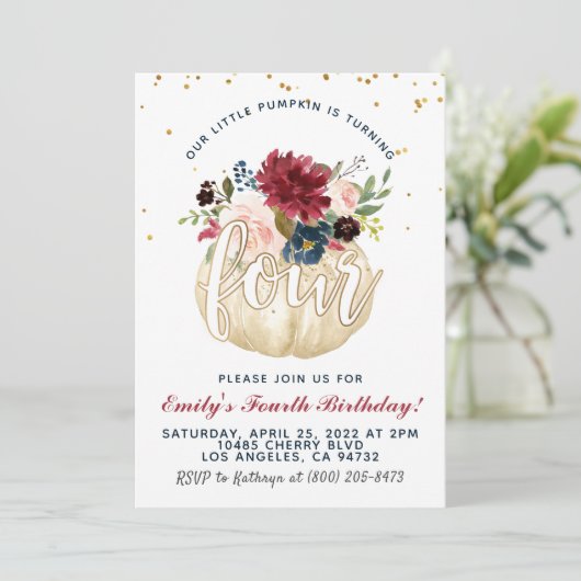 Pumpkin Vierten Geburtstag Einladung (Stehend Vorderseite)