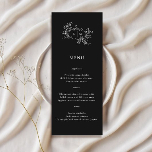Pumpkin Vines Black Monogram Wedding Menu Menükarte