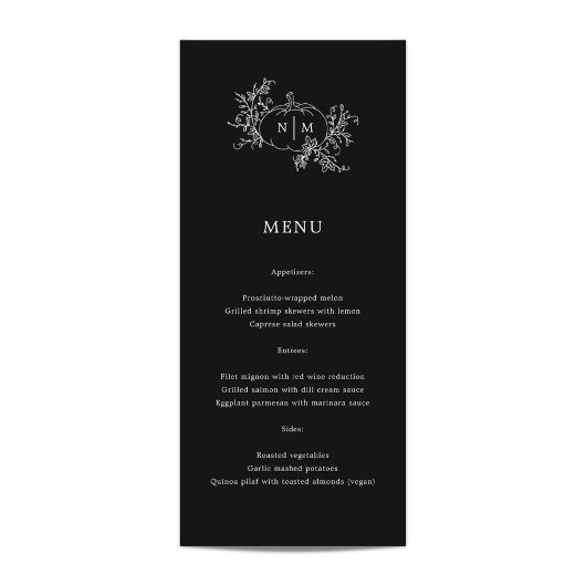 Pumpkin Vines Black Monogram Wedding Menu Menükarte
