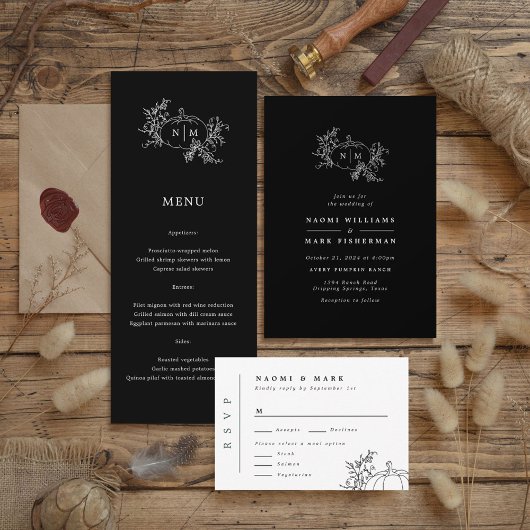 Pumpkin Vines Black Monogram Wedding Menu Menükarte