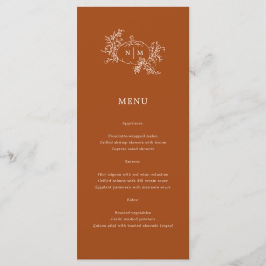 Pumpkin Vines Black Monogram Wedding Menu Menükarte (Vorderseite)