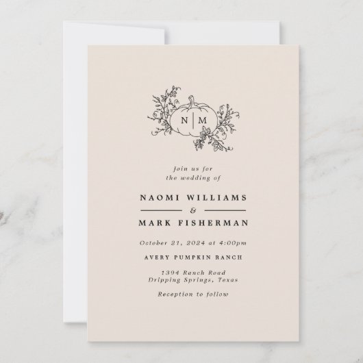 Pumpkin Vines Monogram Wedding Einladung (Vorderseite)
