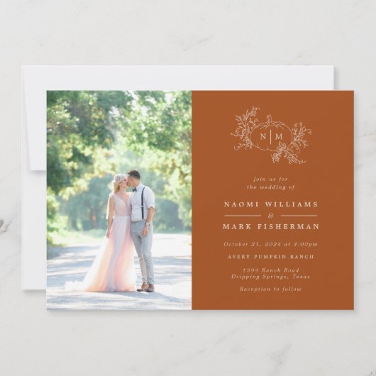 Pumpkin Vines Monogram Wedding Einladung (Vorderseite)