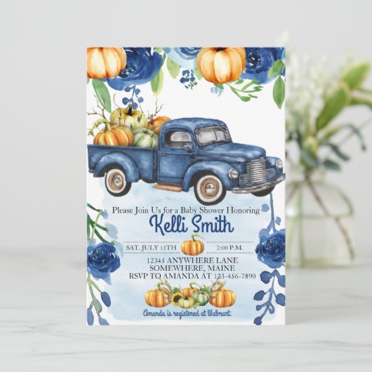 Pumpkin VINTAG Truck Baby Shower Einladungen (Stehend Vorderseite)