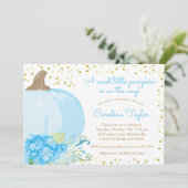 Pumpkin Watercolor Blue Gold Fall Baby Boy Dusche Einladung (Stehend Vorderseite)