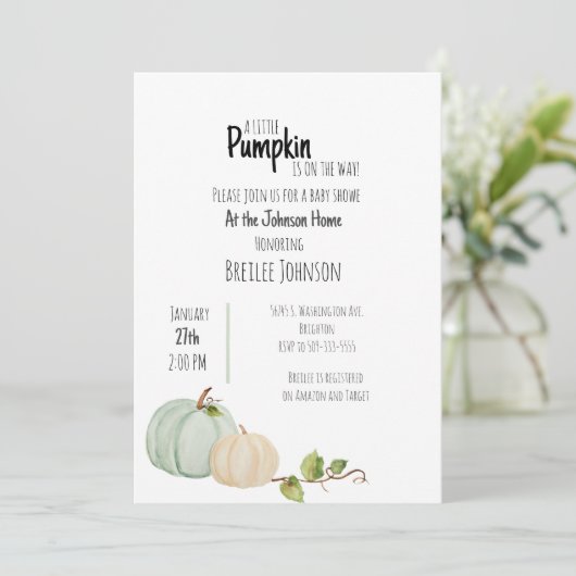 Pumpkin Watercolor Kinderdusche Einladung (Stehend Vorderseite)