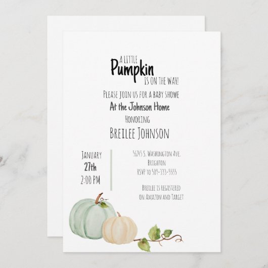 Pumpkin Watercolor Kinderdusche Einladung (Vorne/Hinten)