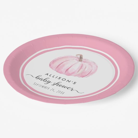 Pumpkin Watercolor Pink Baby Girl Dusche Pappteller (Schrägansicht)