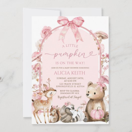 Pumpkin White and Pink Forest Woodland Babydusche Einladung (Vorderseite)