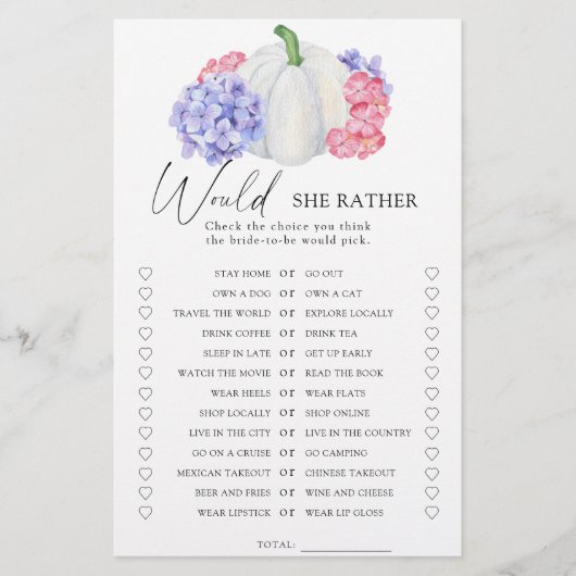 Pumpkin - Würde sie lieber Brautparty-Spiel (Vorderseite)