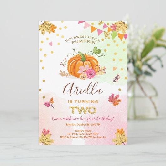 Pumpkin zweite Geburtstag Einladung Herbst Herbst (Stehend Vorderseite)