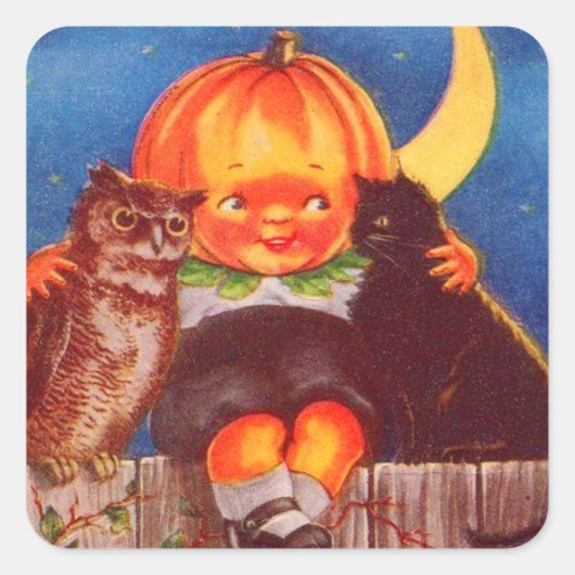 Pumpkinhead Owl Black Cat Crescent Moon Quadratischer Aufkleber (Vorderseite)
