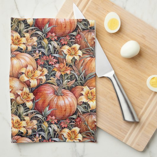 Pumpkinpflaster und Taglilien Geschirrtuch (Viertel Falte)
