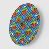 Pumpkins and Bats in Patterns of Green/Blue Große Wanduhr (Winkel)