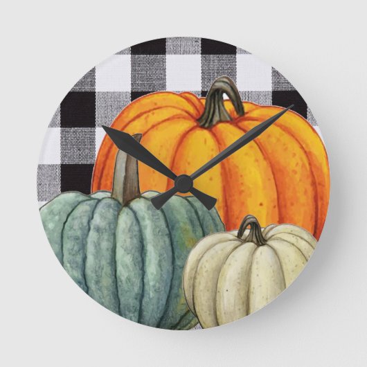 Pumpkins auf dem karierten Fall von Schwarz-Weiß-G Runde Wanduhr (Vorderseite)