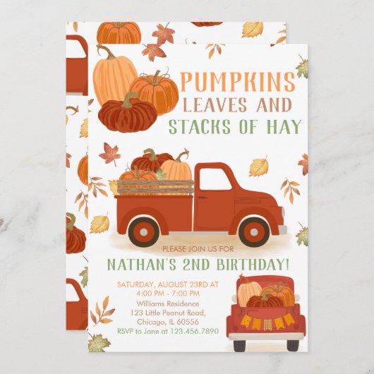 Pumpkins Blätter und Stapel von Hay Birthday Einladung (Vorne/Hinten)