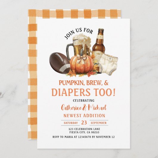 Pumpkins Brew und Diapers zu Kinderdusche Herbst Einladung (Vorne/Hinten)