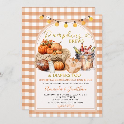 Pumpkins Brews & Diapers Fall Party Gender Reveal Einladung (Vorne/Hinten)