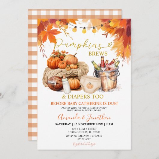 Pumpkins bricht Diapers Rustikale Blätter Gender R Einladung (Vorne/Hinten)