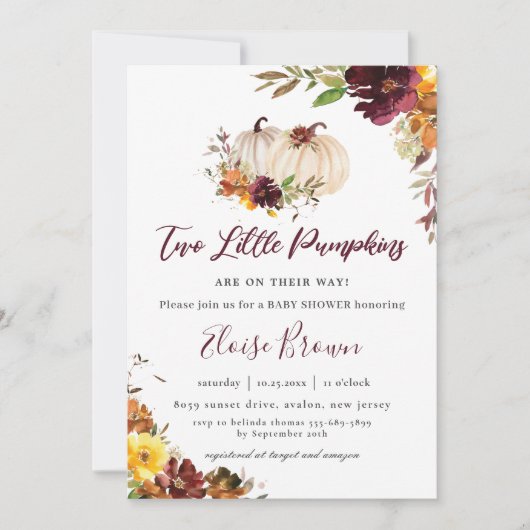 Pumpkins Burgundy Orange Floral Twins Baby Dusche Einladung (Vorderseite)