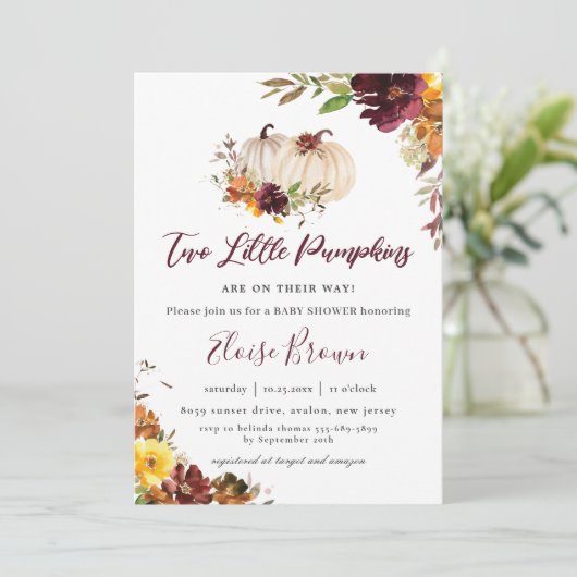 Pumpkins Burgundy Orange Floral Twins Baby Dusche Einladung (Stehend Vorderseite)