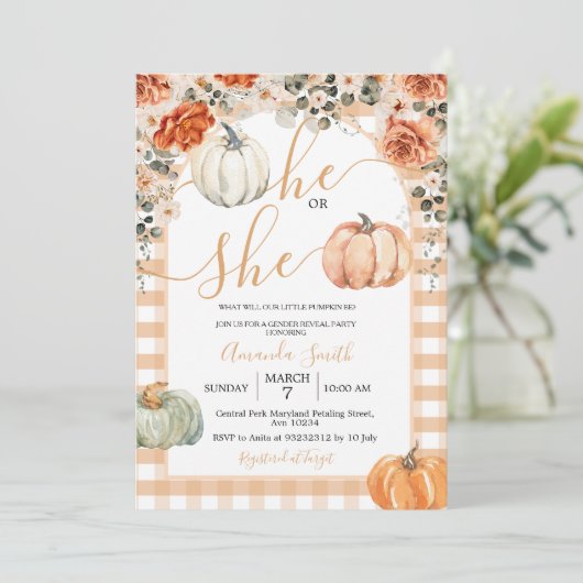Pumpkins Er oder sie Blumenfall Geschlecht offenba Einladung (Stehend Vorderseite)