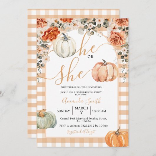 Pumpkins Er oder sie Blumenfall Geschlecht offenba Einladung (Vorne/Hinten)