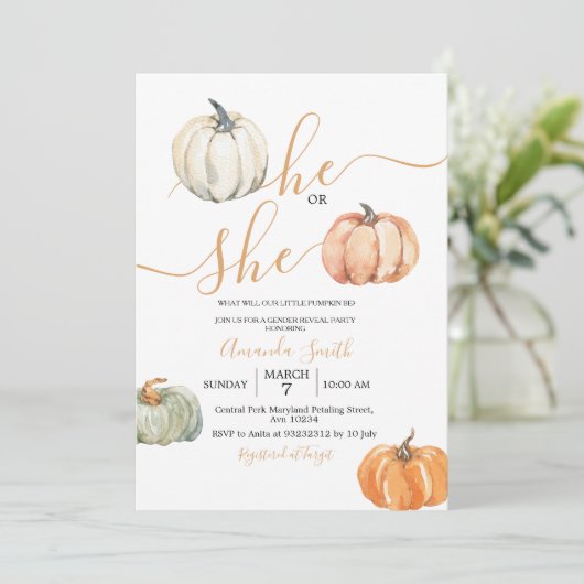 Pumpkins Er oder sie Minimalistische Geschlechtero Einladung (Stehend Vorderseite)