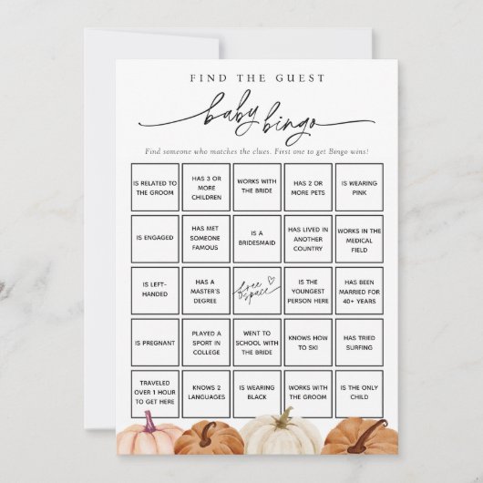 Pumpkins Finden Sie die Baby Bingo Game Card Einladung (Vorderseite)