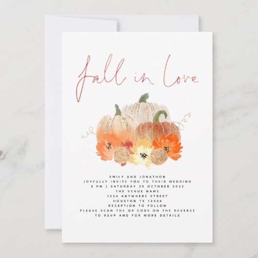 Pumpkins Florals Glitzer QR Code Fall in Liebe Einladung (Vorderseite)