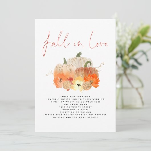 Pumpkins Florals Glitzer QR Code Fall in Liebe Einladung (Stehend Vorderseite)