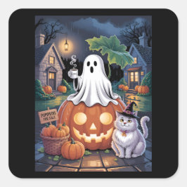 Pumpkins For Sale & Caffeine Ghost & Cat Quadratischer Aufkleber