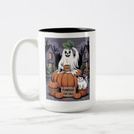 Pumpkins For Sale & Caffeine Ghost & Cat V2 Zweifarbige Tasse