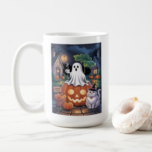 Pumpkins For Sale & Caffeine Ghost With Cat Mug Kaffeetasse (Mit Donut)