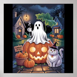 Pumpkins For Sale & Caffeine Ghost With Cat Poster