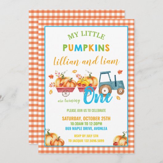 Pumpkins Geburtstagsparty Harvest Twins Einladung (Vorne/Hinten)