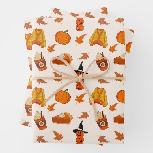 Pumpkins, gemütliche Pullover und Herbstlaub Desig Geschenkpapier Set (Beispiel)