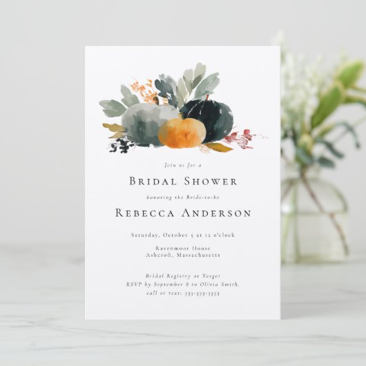Pumpkins Modernes Hochzeit im Herbst Brautparty Einladung (Stehend Vorderseite)