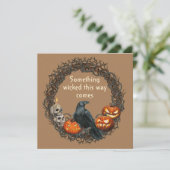 Pumpkins & Raven Wreath Halloween Card (Stehend Vorderseite)