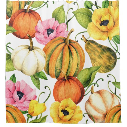 Pumpkins Sonnenblumen: Design des Aquarellmusters Duschvorhang (Vorderseite)