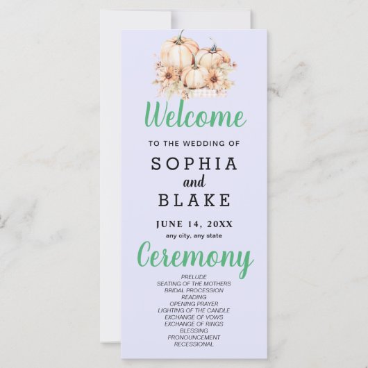 Pumpkins & Sonnenblumen Fall Lila Hochzeitsprogram (Vorderseite)