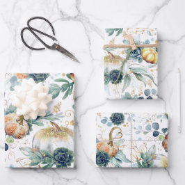 Pumpkins Succulents Gold Grüne Eukalyptus Fall Geschenkpapier Set